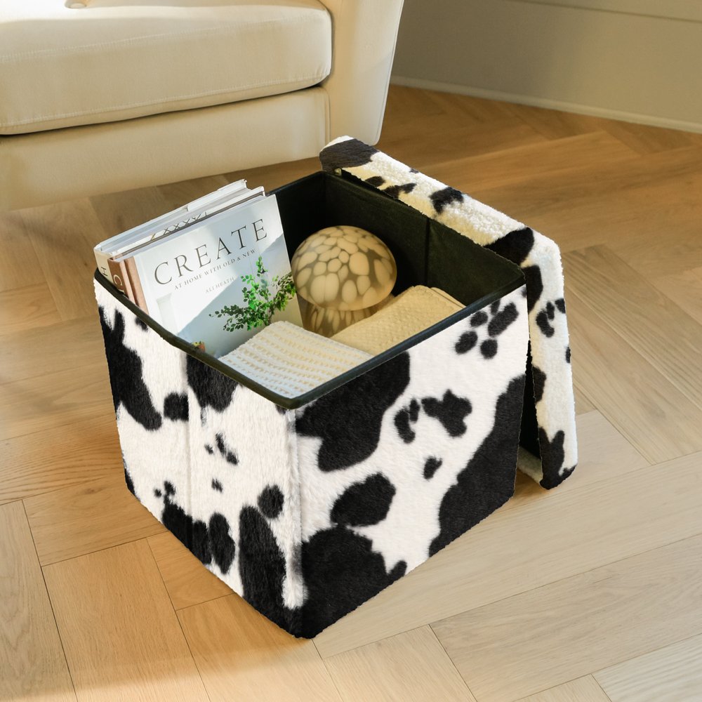 15" Black and White Faux Fur Cow Print Storage Ottoman HomeRoots