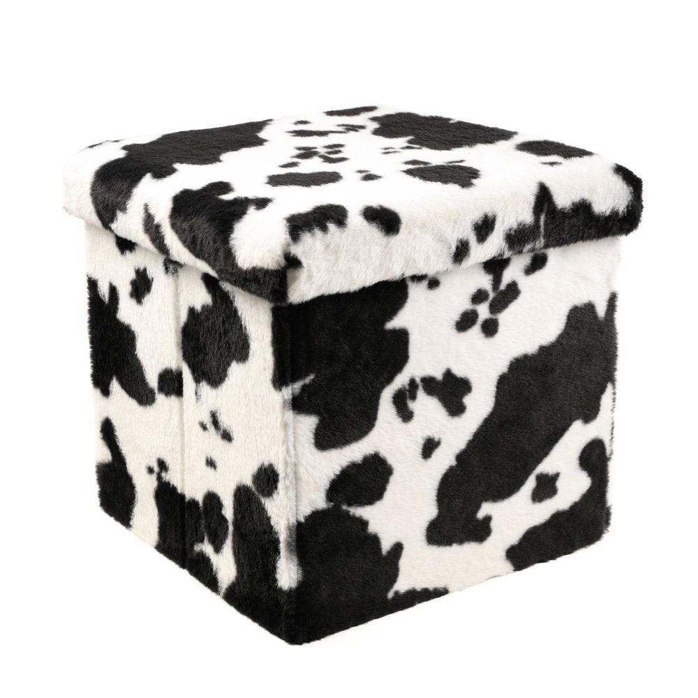 15" Black and White Faux Fur Cow Print Storage Ottoman HomeRoots