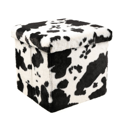 15" Black And White Faux Fur Cow Print Ottoman HomeRoots