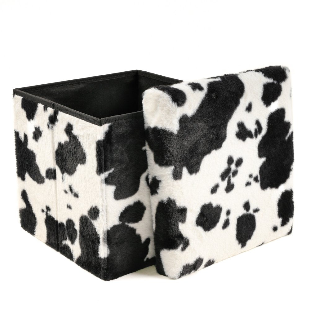 15" Black and White Faux Fur Cow Print Storage Ottoman HomeRoots