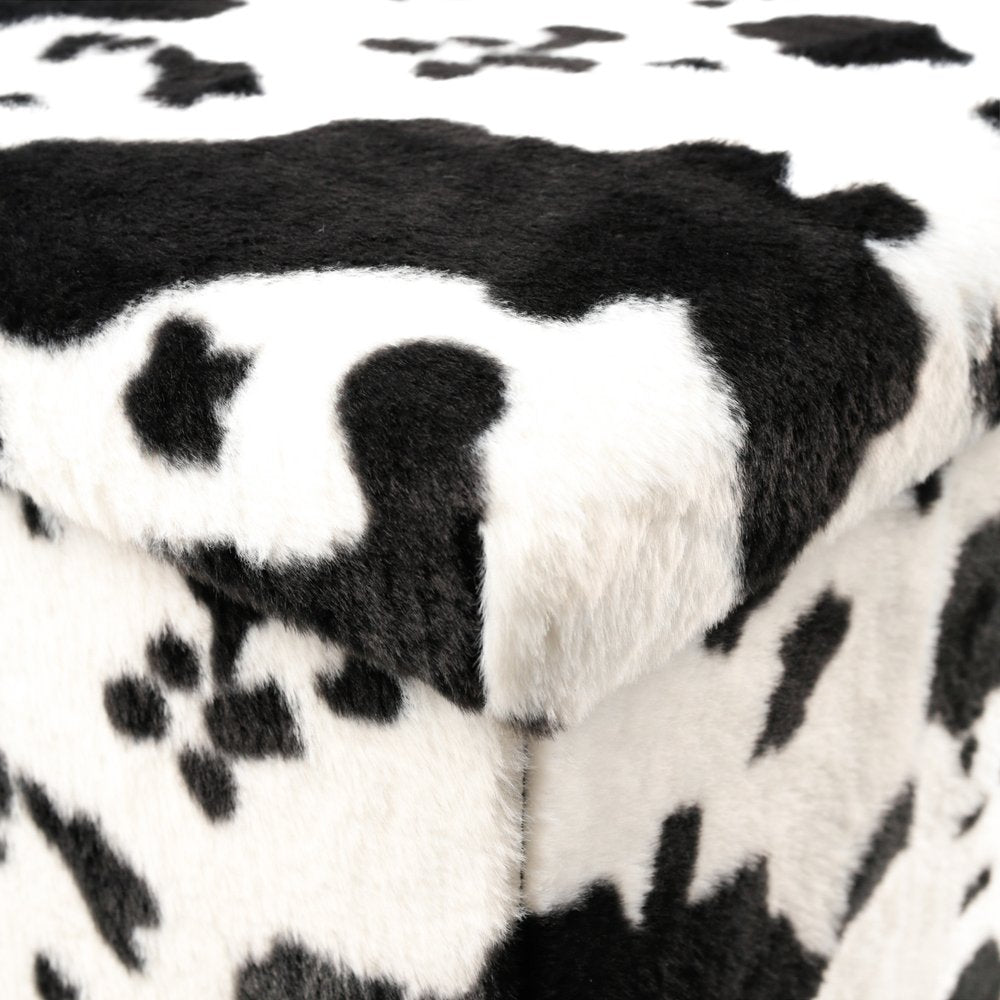 15" Black and White Faux Fur Cow Print Storage Ottoman HomeRoots