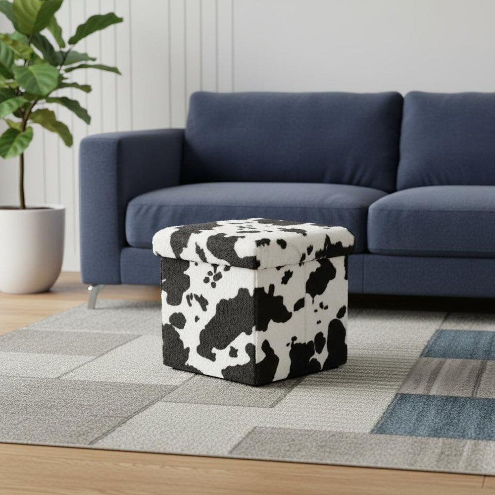 15" Black And White Faux Fur Cow Print Ottoman HomeRoots