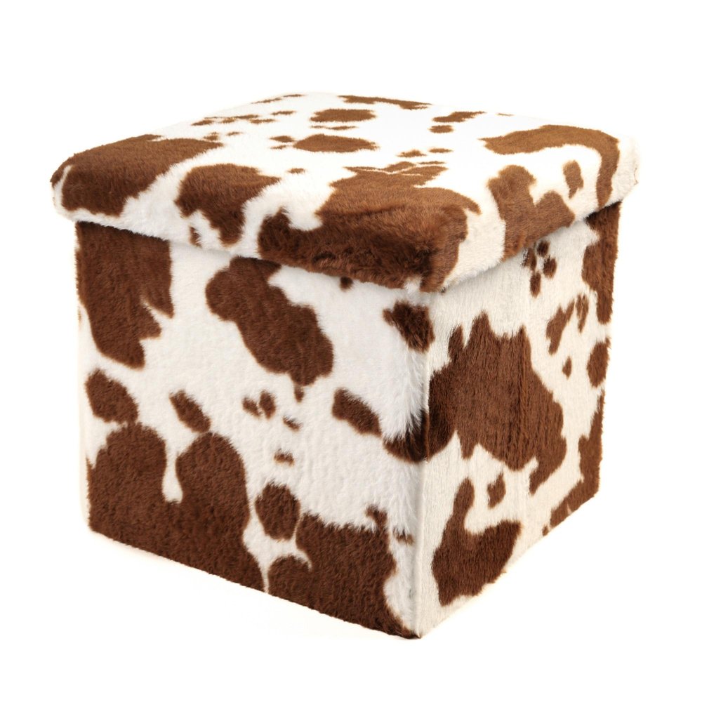 15" White And Brown Faux Fur Cow Print Ottoman HomeRoots