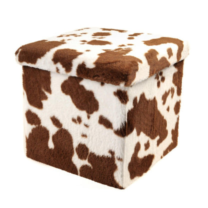 15" White And Brown Faux Fur Cow Print Ottoman HomeRoots