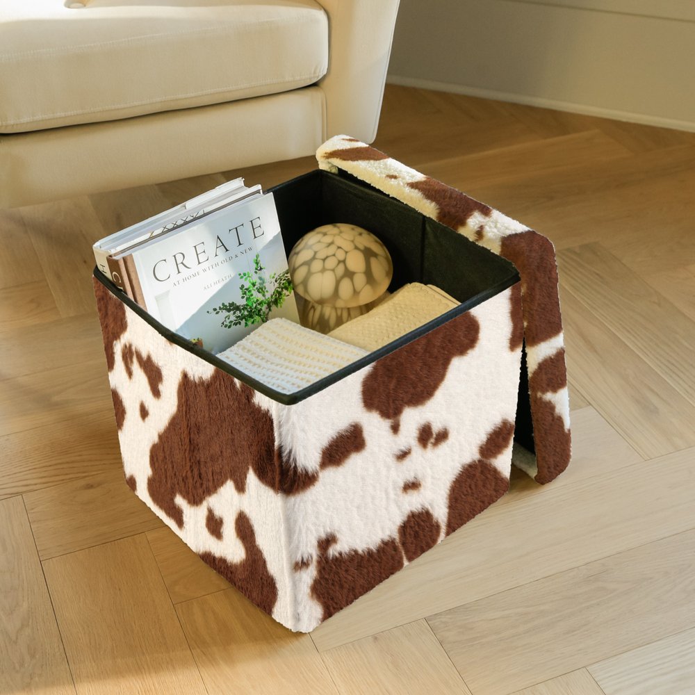 15" White and Brown Faux Fur Cow Print Storage Ottoman HomeRoots