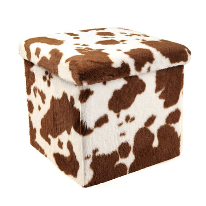 15" White And Brown Faux Fur Cow Print Ottoman HomeRoots