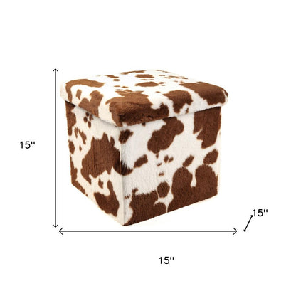 15" White and Brown Faux Fur Cow Print Storage Ottoman HomeRoots