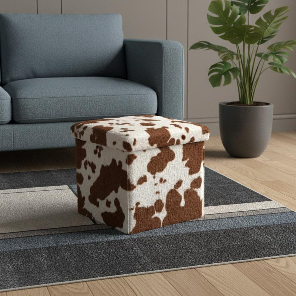 15" White And Brown Faux Fur Cow Print Ottoman HomeRoots