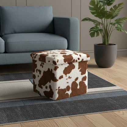 15" White And Brown Faux Fur Cow Print Ottoman HomeRoots