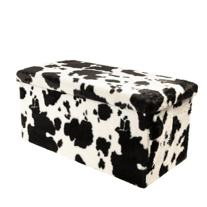 30" Black And White Faux Fur Cow Print Ottoman HomeRoots