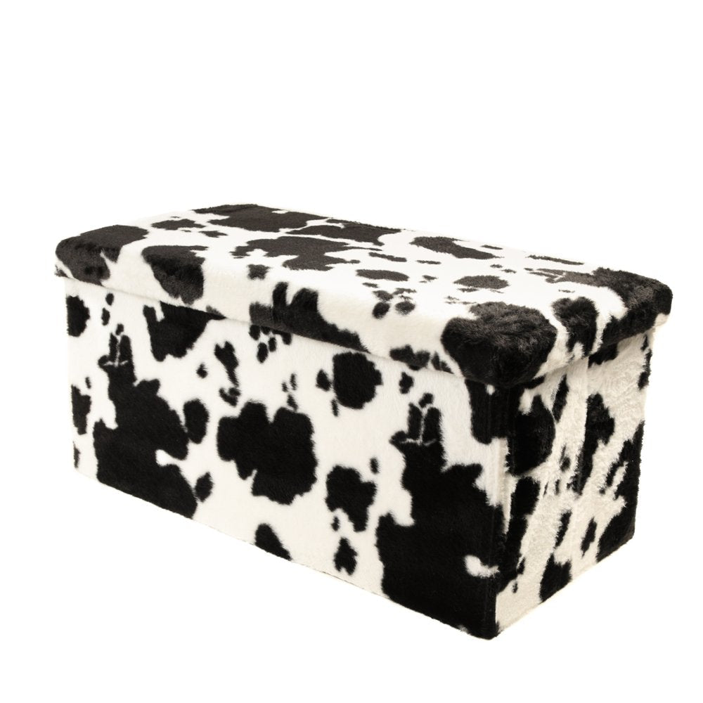 30" Black and White Faux Fur Cow Print Storage Ottoman HomeRoots