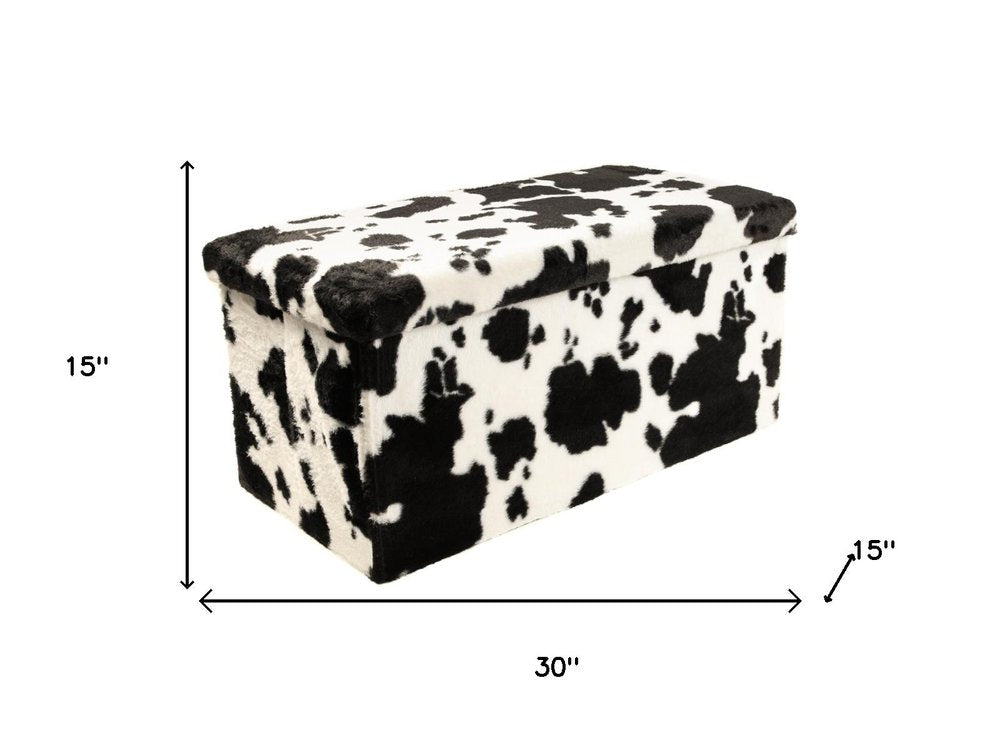 30" Black and White Faux Fur Cow Print Storage Ottoman HomeRoots