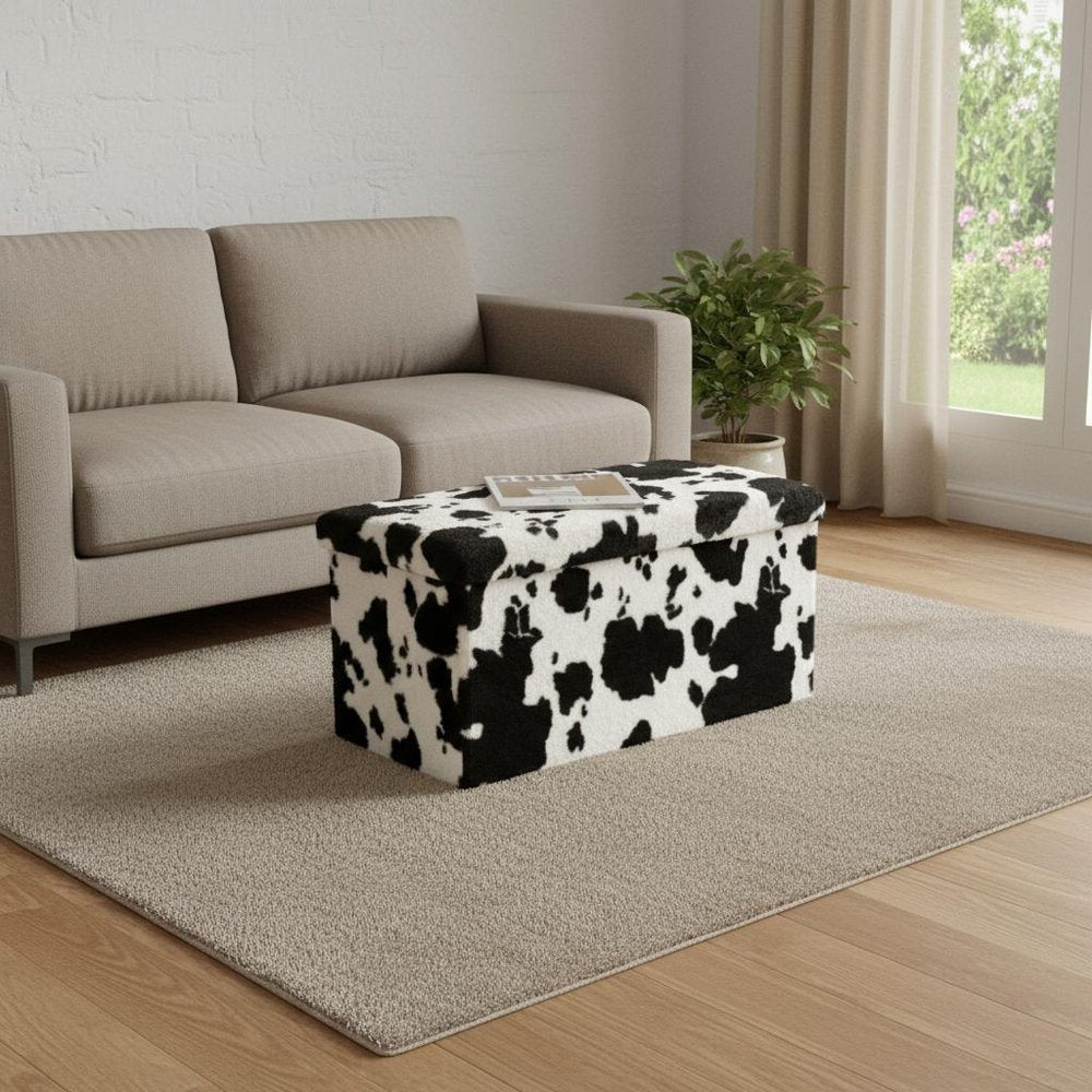 30" Black and White Faux Fur Cow Print Storage Ottoman HomeRoots