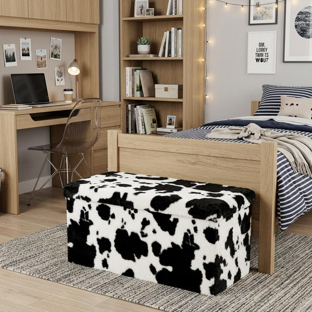 30" Black and White Faux Fur Cow Print Storage Ottoman HomeRoots
