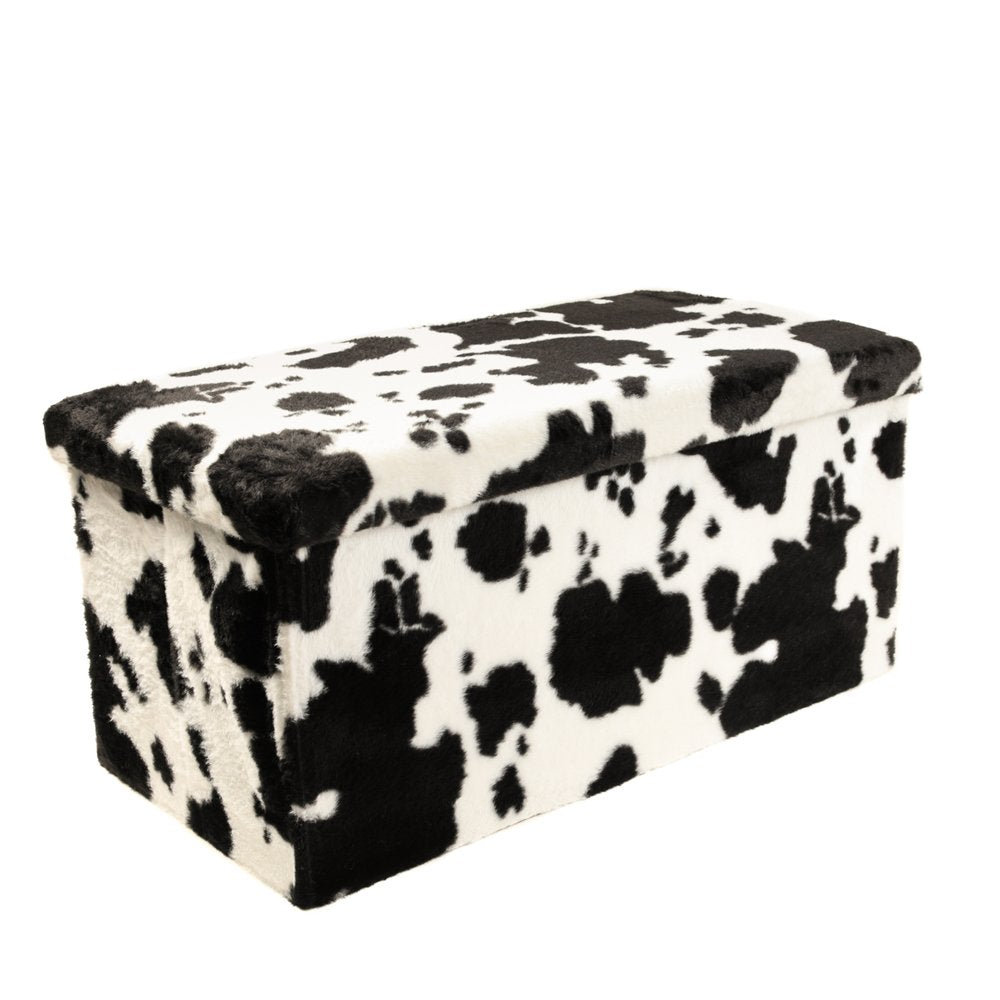 30" Black and White Faux Fur Cow Print Storage Ottoman HomeRoots