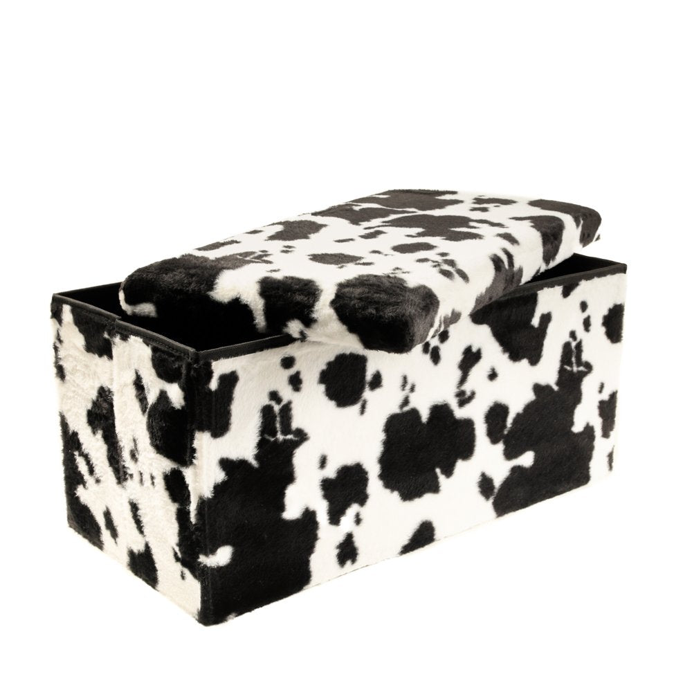 30" Black and White Faux Fur Cow Print Storage Ottoman HomeRoots