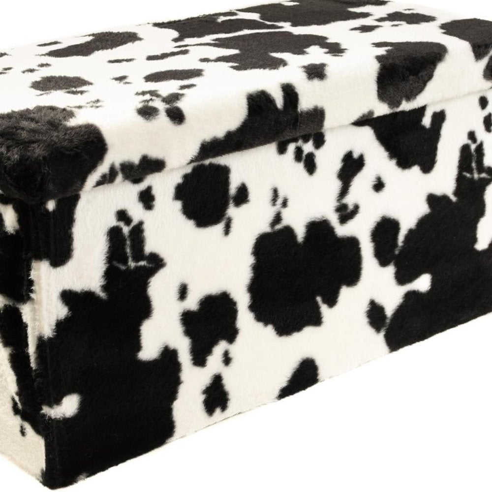 30" Black and White Faux Fur Cow Print Storage Ottoman HomeRoots
