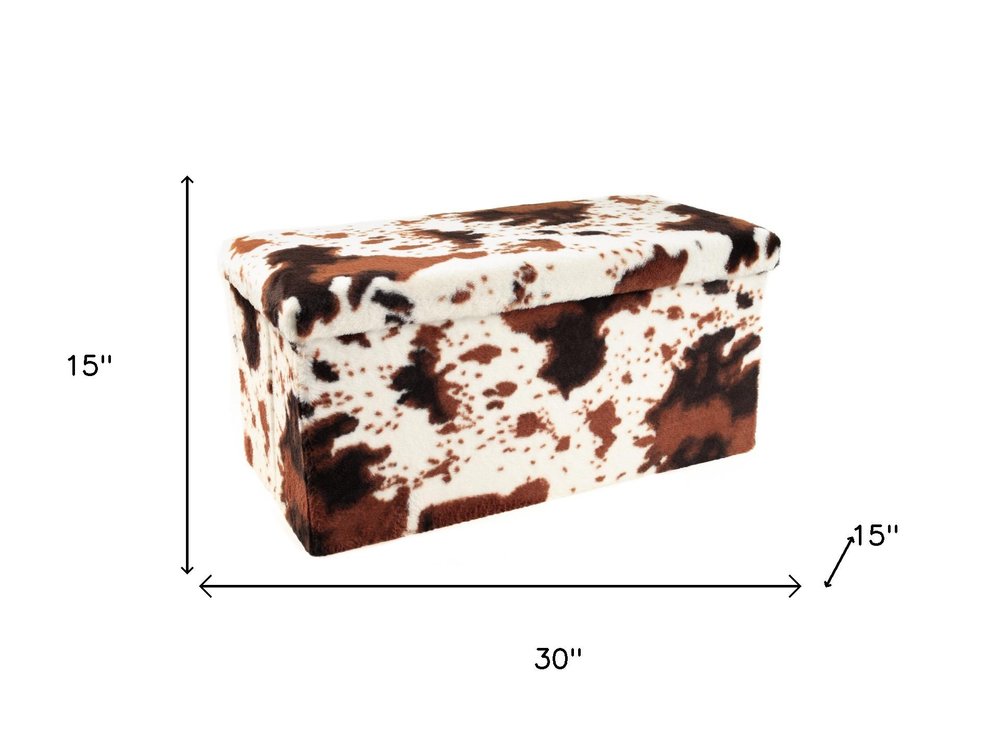 30" White and Brown Faux Fur Cow Print Storage Ottoman HomeRoots