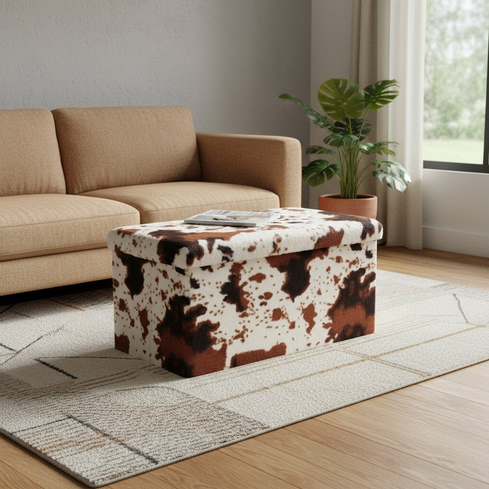 30" White and Brown Faux Fur Cow Print Storage Ottoman HomeRoots