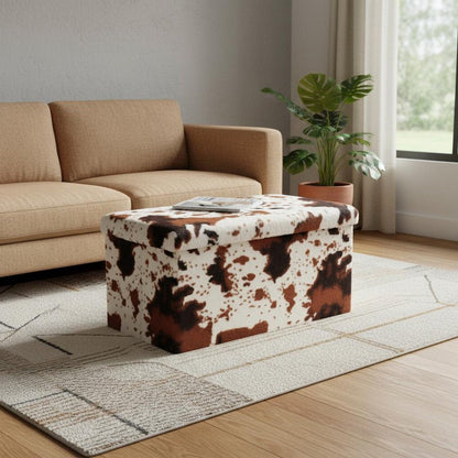 30" White And Brown Faux Fur Cow Print Ottoman HomeRoots
