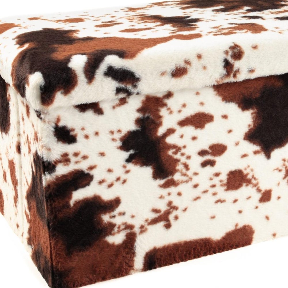 30" White And Brown Faux Fur Cow Print Ottoman HomeRoots