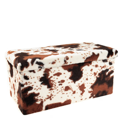 30" White And Brown Faux Fur Cow Print Ottoman HomeRoots