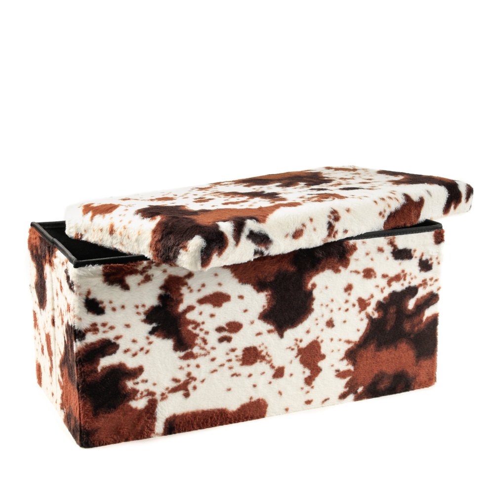 30" White and Brown Faux Fur Cow Print Storage Ottoman HomeRoots