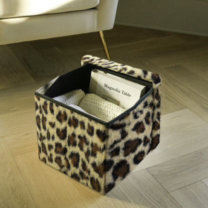 12" Black and Tan Faux Fur Leopard Storage Ottoman HomeRoots