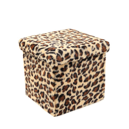 12" Black and Tan Faux Fur Leopard Storage Ottoman HomeRoots