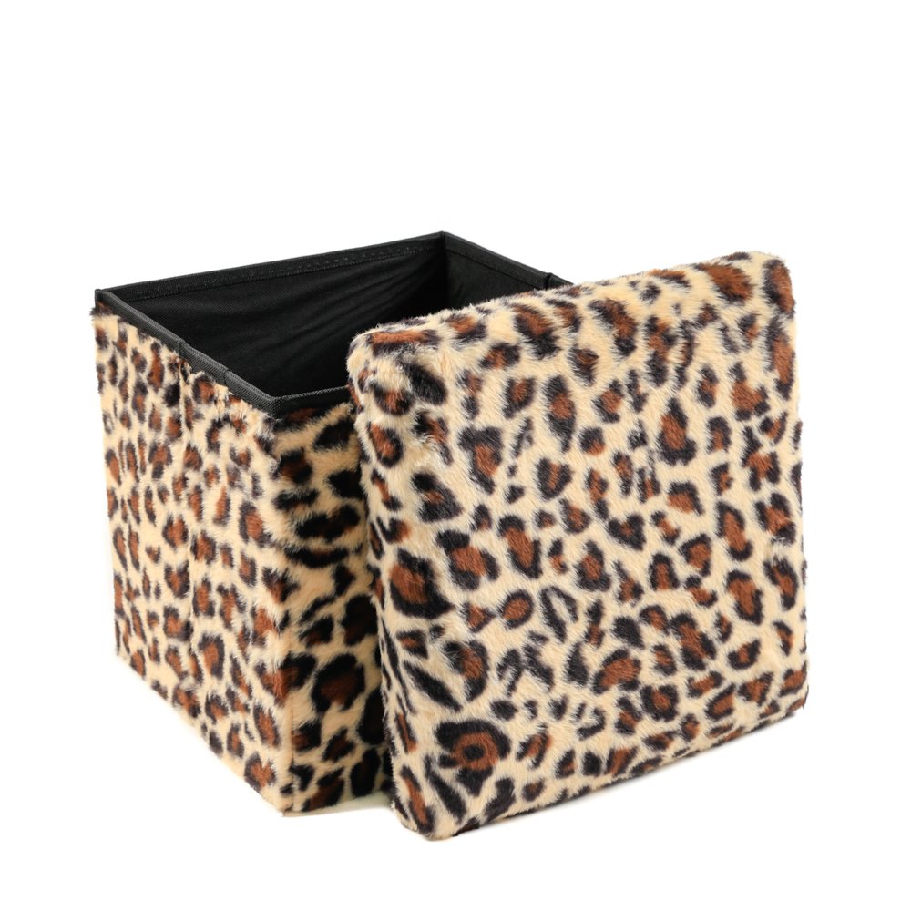 12" Black and Tan Faux Fur Leopard Storage Ottoman HomeRoots