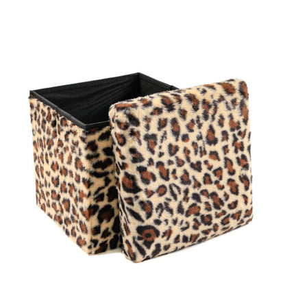 12" Black And Tan Faux Fur Leopard Ottoman HomeRoots