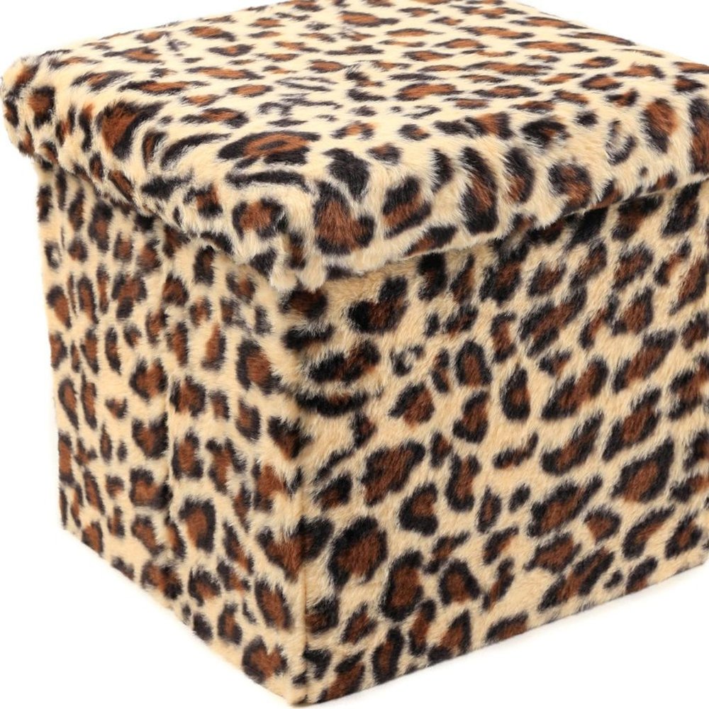 12" Black and Tan Faux Fur Leopard Storage Ottoman HomeRoots
