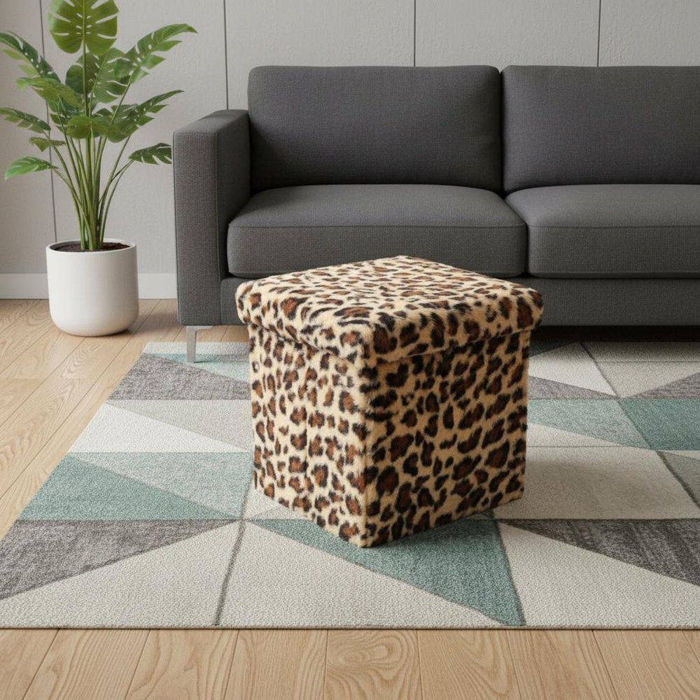 12" Black and Tan Faux Fur Leopard Storage Ottoman HomeRoots