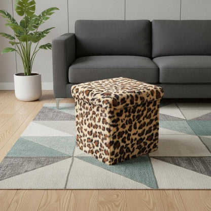 12" Black and Tan Faux Fur Leopard Storage Ottoman HomeRoots