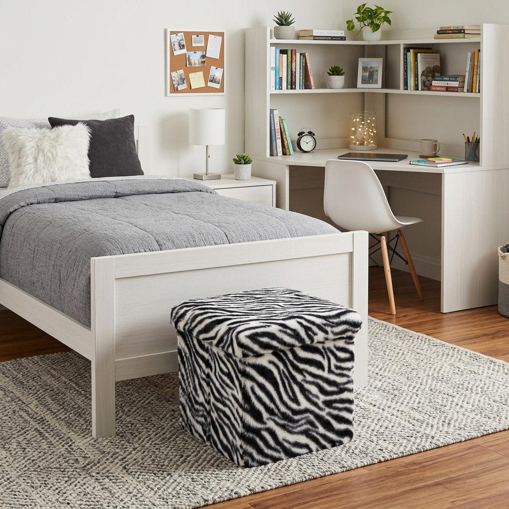 12" Black and White Faux Fur Zebra Storage Ottoman HomeRoots