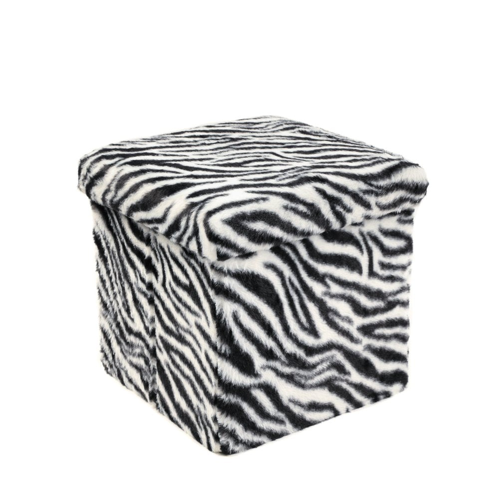 12" Black and White Faux Fur Zebra Storage Ottoman HomeRoots