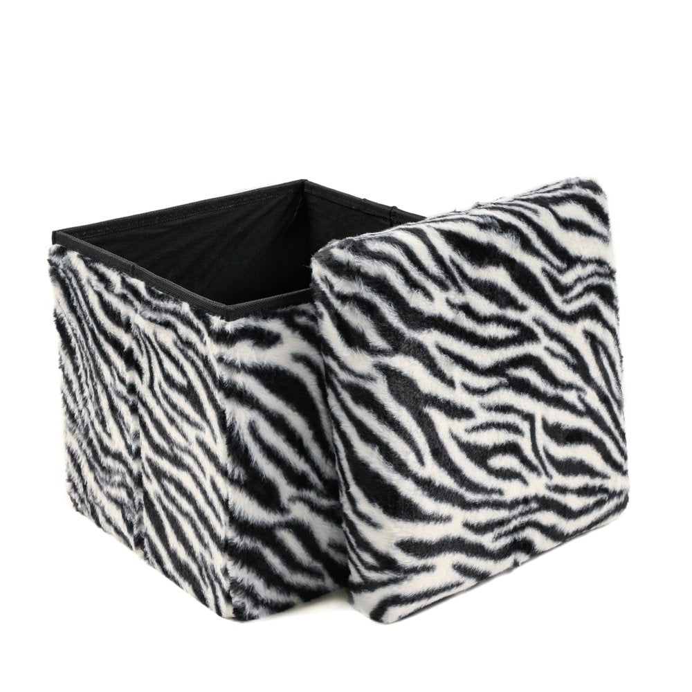 12" Black and White Faux Fur Zebra Storage Ottoman HomeRoots