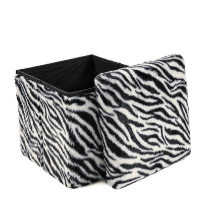 12" Black and White Faux Fur Zebra Storage Ottoman HomeRoots