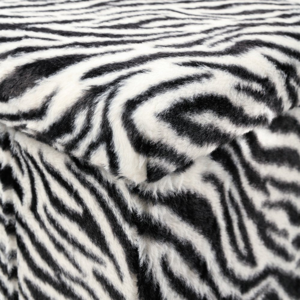 12" Black and White Faux Fur Zebra Storage Ottoman HomeRoots