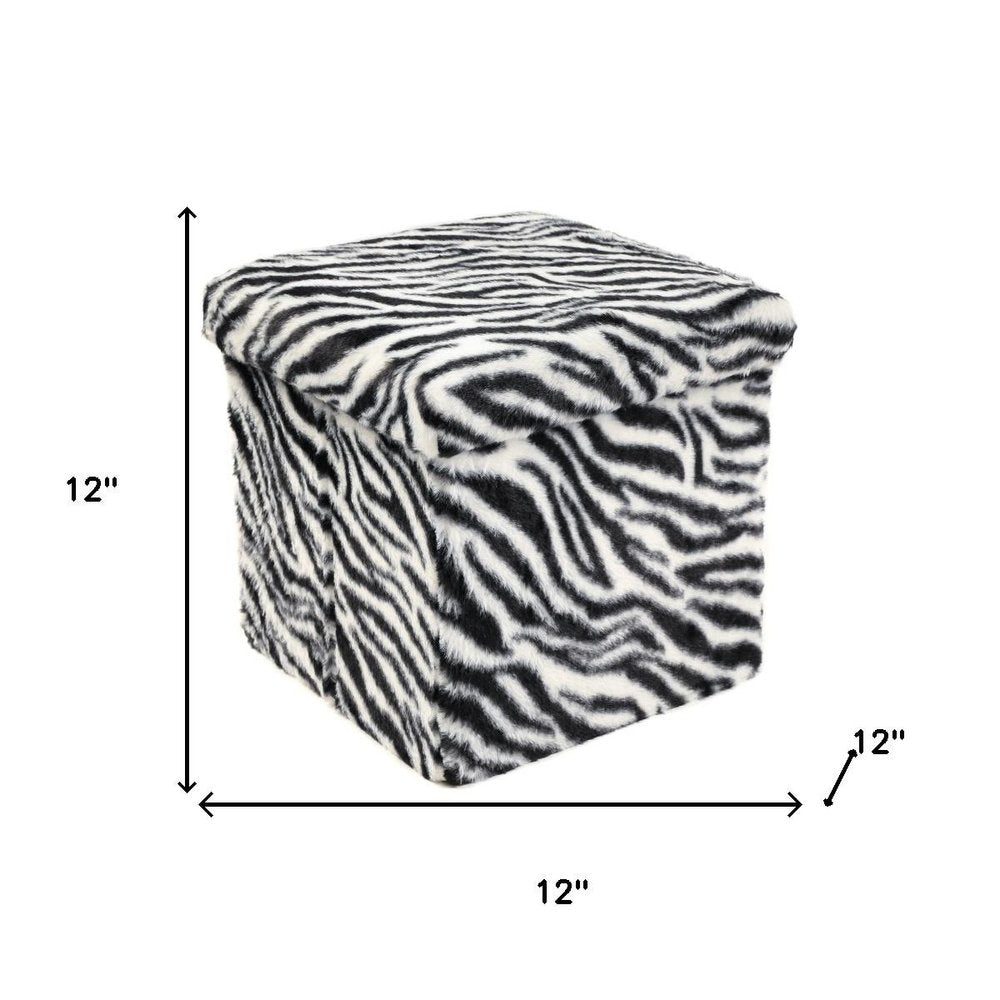 12" Black and White Faux Fur Zebra Storage Ottoman HomeRoots
