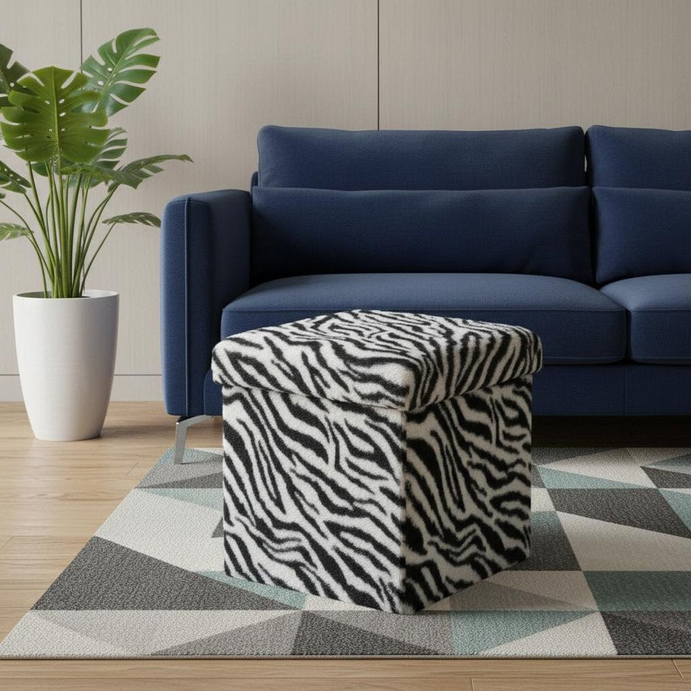 12" Black and White Faux Fur Zebra Storage Ottoman HomeRoots