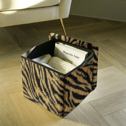 12" Black and Tan Faux Fur Tiger Storage Ottoman HomeRoots