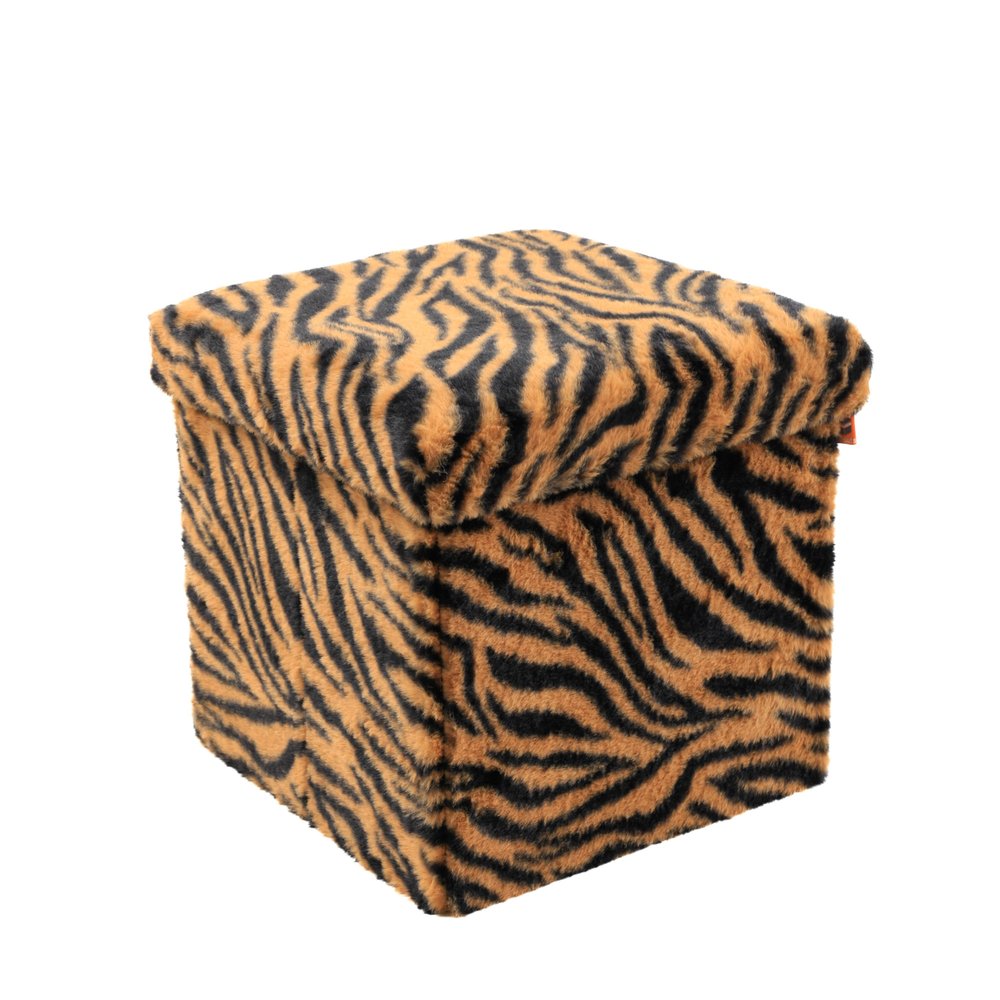 12" Black and Tan Faux Fur Tiger Storage Ottoman HomeRoots