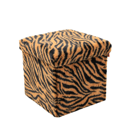 12" Black and Tan Faux Fur Tiger Storage Ottoman HomeRoots