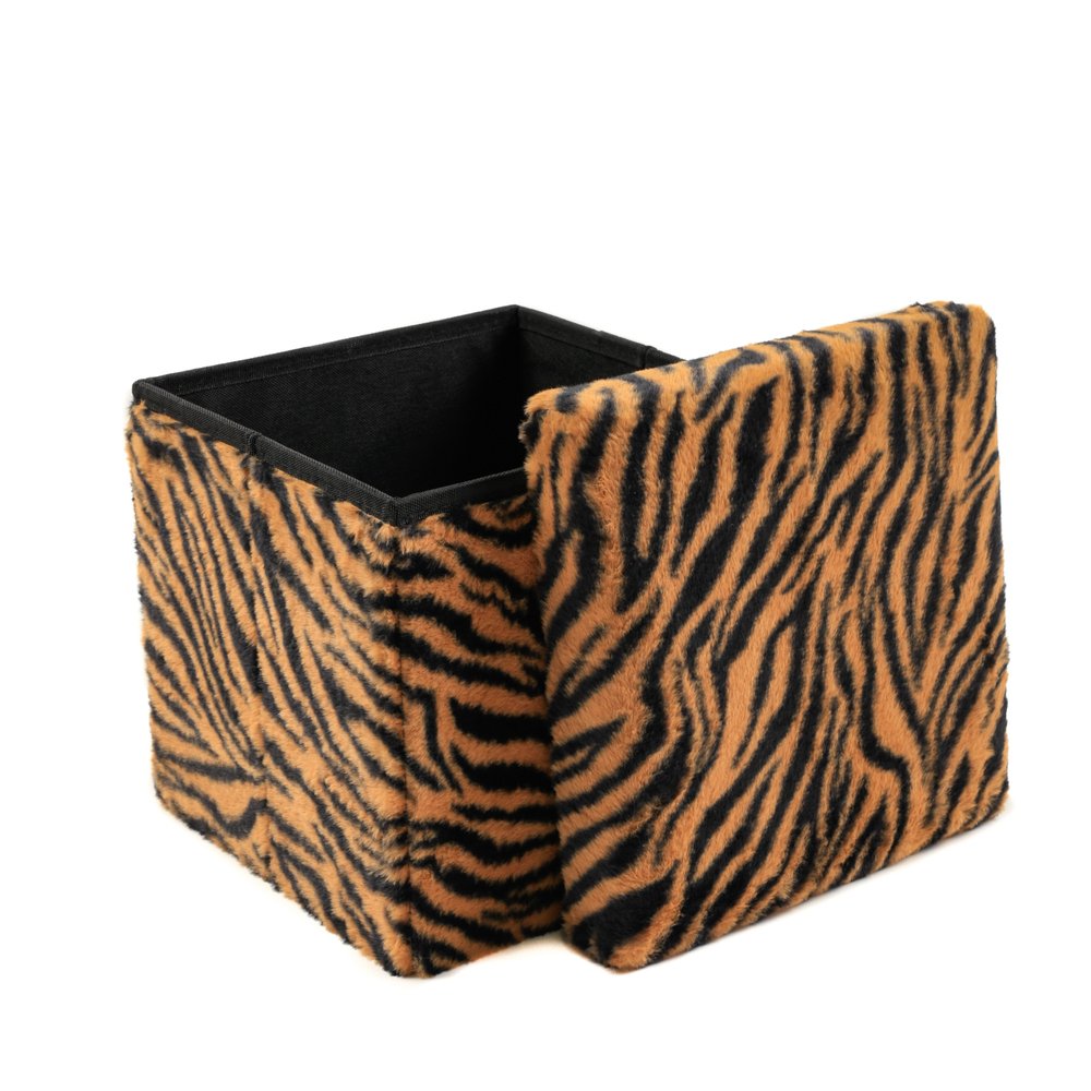 12" Black And Tan Faux Fur Tiger Ottoman HomeRoots