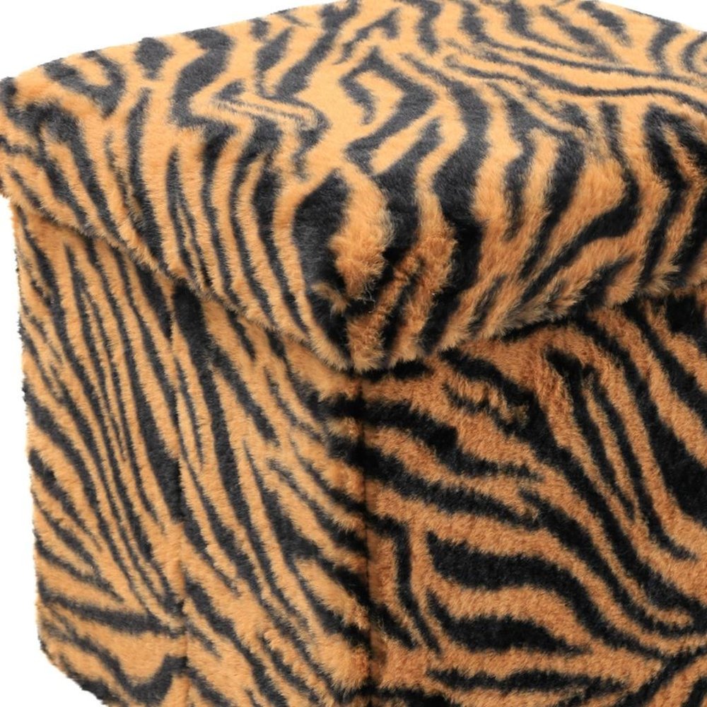 12" Black and Tan Faux Fur Tiger Storage Ottoman HomeRoots