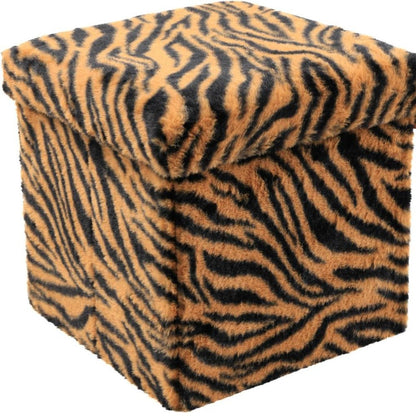 12" Black and Tan Faux Fur Tiger Storage Ottoman HomeRoots