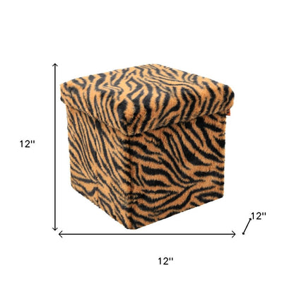 12" Black and Tan Faux Fur Tiger Storage Ottoman HomeRoots