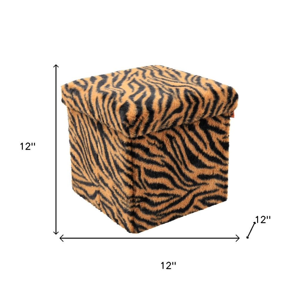 12" Black And Tan Faux Fur Tiger Ottoman HomeRoots