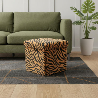12" Black and Tan Faux Fur Tiger Storage Ottoman HomeRoots